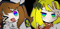 Rule 34 | &gt; o, 2girls, :/, anchor print, black background, black gloves, blonde hair, brown hair, coat, commentary request, double v, expressionless, feza (wonderful waking world), fingerless gloves, gloves, half-closed eyes, hand up, hands up, high collar, highres, kouzui nua, laurel crown, long hair, looking at viewer, multicolored eyes, multiple girls, needy girl overdose, one eye closed, open mouth, parody, portrait, priswocaer, rainbow eyes, shoulder boards, side-by-side, sidelocks, simple background, smile, v, w over eye, white coat, wonderful waking world