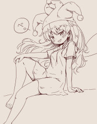 Rule 34 | 1girl, arinu, bare legs, barefoot, blush, breasts, clownpiece, drawstring, fairy wings, floating hair, hat, highres, hood, hoodie, jester cap, knee up, light smile, long hair, looking at viewer, medium breasts, monochrome, short sleeves, sitting, sketch, solo, tongue, tongue out, touhou, wings