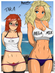 Rule 34 | 2girls, abs, absurdres, ahoge, arms behind back, beach, beverly (nortuet), blonde hair, blue eyes, blush, breast envy, breasts, cleavage, clothes writing, cloud, cloudy sky, cpt.tester works, embarrassed, english text, female pubic hair, frown, green eyes, highres, large breasts, long hair, looking at another, looking at viewer, looking down, mega milk, meme attire, midriff, multiple girls, navel, outdoors, pale skin, petite, pubic hair, pubic hair peek, red hair, red pubic hair, shiny skin, short hair, size difference, sky, small breasts, smile, standing, tank top, tara (nortuet), tareme, thighhighs, toned, toned female, water, watermark