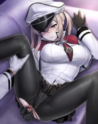 Rule 34 | 1boy, 1girl, anus, ass, black gloves, black pantyhose, black skirt, blonde hair, blue eyes, blush, breasts, capelet, clenched teeth, couch, cross, gloves, graf zeppelin (kancolle), hair between eyes, hat, hetero, highres, iron cross, kantai collection, lips, long hair, lying, military, military hat, military uniform, on back, panties, pantsu majirou, pantyhose, peaked cap, sidelocks, skirt, solo focus, spread anus, teeth, torn clothes, torn legwear, twintails, uncensored, underwear, uniform, white gloves, white panties