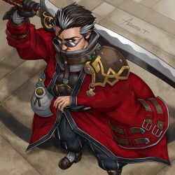 1boy armor artist_name auron azusa_tanaka black_hair black_pants bottle breastplate coat commentary_request final_fantasy final_fantasy_x from_above grey_hair holding holding_sword holding_weapon looking_at_viewer looking_up male_focus multicolored_hair one_eye_closed pants pauldrons red_coat scar scar_across_eye shoulder_armor signature single_pauldron sword tinted_eyewear weapon