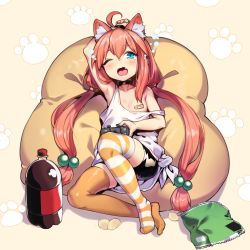 Rule 34 | 1girl, ;o, absurdres, ahoge, animal ear fluff, animal ears, arm up, armpits, asymmetrical legwear, bandaid, bandaids on nipples, bean bag, bike shorts, blue eyes, bottle, breasts, cat ears, chips (food), collarbone, commentary, controller, extra ears, fang, food, game controller, hair bobbles, hair ornament, highres, hinata channel, long hair, looking at viewer, low twintails, mismatched legwear, nekomiya hinata, one eye closed, open mouth, pasties, paw print, paw print background, potato chips, red hair, shennai misha, shirt, sleepy, small breasts, solo, strap slip, striped clothes, striped thighhighs, tank top, tears, thighhighs, twintails, very long hair, virtual youtuber, white shirt, yawning, yellow thighhighs