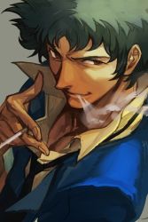 Rule 34 | 1boy, brown eyes, cigarette, cowboy bebop, green hair, holding, holding cigarette, hungry clicker, looking to the side, male focus, necktie, popped collar, smoking, spike spiegel