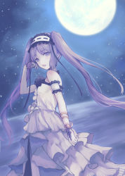 Rule 34 | 1girl, bare shoulders, bkko, black ribbon, choker, commentary, dress, fate/grand order, fate/hollow ataraxia, fate (series), frills, full moon, hairband, hand in own hair, highres, jewelry, lolita hairband, long hair, looking at viewer, moon, night, night sky, open mouth, purple hair, ribbon, sky, star (sky), stheno (fate), twintails, very long hair, white dress