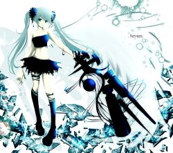 Rule 34 | 1girl, aonoe, aqua eyes, aqua hair, bare shoulders, boots, female focus, gradient background, hatsune miku, highres, knee boots, long hair, midriff, skirt, solo, twintails, very long hair, vocaloid, white background