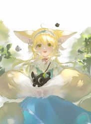 Rule 34 | 1girl, :d, absurdres, ahoge, animal ears, arknights, black cat, blonde hair, blue hairband, cat, cowboy shot, floating hair, fox ears, fox girl, fox tail, green eyes, hair down, hairband, highres, holding tail, kitsune, leaf, long hair, looking at viewer, luo xiaohei zhanji, mie mie shuang pi nai, multicolored hair, multiple tails, neck ribbon, official alternate costume, open mouth, red ribbon, ribbon, simple background, smile, solo, straight-on, streaked hair, suzuran (arknights), suzuran (praise spring) (arknights), suzuran (spring praise) (arknights), tail, teeth, upper teeth only, white background, white hair