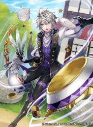 Rule 34 | 1boy, butler, cloud, company name, cookie, cup, day, dwyer (fire emblem), fire emblem, fire emblem cipher, fire emblem fates, food, gloves, grey hair, knife, male focus, matsurika youko, nintendo, official art, open mouth, plate, sky, solo, teacup, teapot, teeth, tree