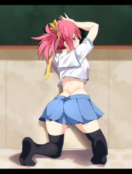 Rule 34 | 1girl, against wall, arms up, artist name, ass, black thighhighs, blue eyes, blush, breasts, butt crack, chalkboard, classroom, closed mouth, come hither, curvy, fairy tail, female focus, from behind, gaston18, hair ornament, hair ribbon, happy, highres, indoors, kneeling, looking at viewer, looking back, medium breasts, midriff, no shoes, on floor, pink hair, pleated skirt, profile, ribbon, sailor collar, school, school uniform, serafuku, sheria blendy, side ponytail, skindentation, skirt, smile, socks, soles, solo, thighhighs, thighs, wide hips, zettai ryouiki