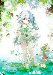 Rule 34 | + +, 1girl, bare shoulders, bikini, braid, bubble, closed mouth, commentary request, genshin impact, gradient hair, green bikini, green eyes, green hair, grey hair, hair between eyes, leaf, leaf print, lily pad, looking at viewer, multicolored hair, nahida (genshin impact), see-through, shirogane hina, short sleeves, side ponytail, smile, standing, standing on one leg, swimsuit, water