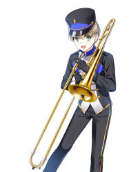 Rule 34 | 1boy, :d, alternate hair color, band uniform, black gloves, black headwear, black jacket, black pants, blonde hair, buttons, closers, collared jacket, double-breasted, feet out of frame, gloves, green eyes, hand up, hat, high collar, highres, holding, holding instrument, holding trombone, instrument, jacket, leaning forward, legs apart, long sleeves, looking at viewer, looking to the side, male focus, marching band, mistilteinn (closers), official art, open mouth, pants, shako cap, short hair, single vertical stripe, smile, solo, standing, teeth, trombone, uniform, upper teeth only, white background