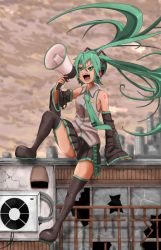 Rule 34 | 1girl, boots, breasts, detached sleeves, green eyes, green hair, hair ornament, hatsune miku, headphones, long hair, matching hair/eyes, megaphone, nail polish, necktie, pleated skirt, rooftop, shouting, sitting, skirt, small breasts, solo, tattoo, thigh boots, thighhighs, twintails, very long hair, vocaloid, wind, wind lift, you (maumauyo)