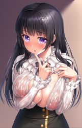 Rule 34 | 1girl, :o, bang dream!, black hair, black ribbon, black skirt, blunt bangs, blush, breast suppress, breasts, brown background, cleavage, commentary request, finger to mouth, frilled shirt collar, frilled sleeves, frills, high-waist skirt, hime cut, index finger raised, lambda (kusowarota), large breasts, long hair, long sleeves, looking at viewer, neck ribbon, nipples, purple eyes, ribbon, see-through, shadow, shirokane rinko, shirt, sidelocks, simple background, skirt, solo, sweat, unbuttoned, unbuttoned shirt, upper body, water drop, wet, wet clothes, wet shirt, white shirt