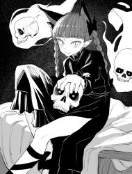 Rule 34 | 1girl, animal ears, blunt bangs, bow, braid, cat ears, closed mouth, commentary, dress, extra ears, eyebrows hidden by hair, feet out of frame, frilled dress, frills, greyscale, hair bow, holding, holding skull, kaenbyou rin, leg ribbon, leg up, long hair, looking at viewer, monochrome, nekomata, pointy ears, ribbon, rion (glayjirobass), skull, slit pupils, smile, solo, touhou, twin braids, wheelbarrow