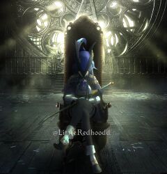 Rule 34 | 1girl, absurdres, analog clock, ascot, bloodborne, blue hair, chair, clock, clock tower, clorinde (genshin impact), coat, commentary, crossed legs, english commentary, genshin impact, hat, hat feather, highres, indoors, lady maria of the astral clocktower, light rays, littleredhoodd, parody, saber (weapon), sitting, solo, sword, tower, trait connection, tricorne, victorian, weapon, wooden floor
