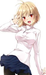 Rule 34 | 1girl, antenna hair, arcueid brunestud, black pantyhose, blonde hair, blue skirt, blush, breasts, commentary request, cowboy shot, hand up, highres, izumi mahiru, jewelry, large breasts, looking at viewer, necklace, open mouth, pantyhose, red eyes, shirt, short hair, simple background, skirt, sleeves past wrists, slit pupils, smile, solo, tsukihime, turtleneck, white background, white shirt