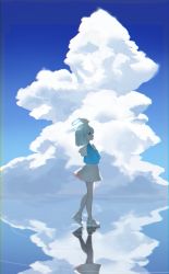 Rule 34 | 1girl, absurdres, arona (blue archive), black skirt, blue archive, blue eyes, blue hair, blue shirt, blue sky, cloud, commentary request, day, from side, full body, hairband, halo, hand up, highres, miniskirt, nasir, outdoors, pleated skirt, profile, reflection, sailor collar, shirt, shoes, short hair, skirt, sky, sneakers, solo, standing, water, water world, white footwear, white sailor collar