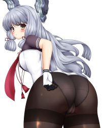 Rule 34 | 10s, 1girl, :&lt;, ass, bad id, bad pixiv id, breasts, brown eyes, cameltoe, cleft of venus, crotch seam, gloves, highres, kantai collection, long hair, looking at viewer, looking back, lovelovemaid, murakumo (kancolle), murakumo kai ni (kancolle), panties, panties under pantyhose, pantyhose, silver hair, simple background, solo, thighs, trefoil, underwear, white background