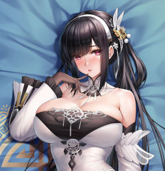 Rule 34 | 1girl, azur lane, bed sheet, black hair, blush, breasts, chen hai (azur lane), cleavage, detached collar, detached sleeves, flower, from above, gloves, hair flower, hair ornament, hairband, highres, large breasts, long hair, long sleeves, looking at viewer, lying, on back, red eyes, saliva, saliva trail, solo, tongue, tongue out, very long hair, white flower, white hairband, white sleeves, yuli you gua