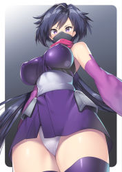 Rule 34 | 10s, 1girl, ayame (gundam build divers), black hair, black thighhighs, blush, breasts, commentary request, covered erect nipples, cowboy shot, elbow gloves, from below, gloves, gundam, gundam build divers, japanese clothes, large breasts, long hair, looking at viewer, low ponytail, mask, mouth mask, nagase haruhito, ninja, ninja mask, panties, pantyshot, purple eyes, scarf, solo, standing, thighhighs, underwear, upskirt, white panties