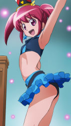 Rule 34 | 10s, 1girl, :d, aino megumi, alternate form, armpits, arms up, black panties, clothes lift, crop top, earrings, frilled skirt, frills, happinesscharge precure!, haruyama kazunori, hat, jewelry, looking at viewer, midriff, navel, open mouth, panties, precure, red eyes, red hair, short hair, skirt, skirt lift, smile, solo, star (symbol), star earrings, twintails, underwear, upskirt, wind, wind lift