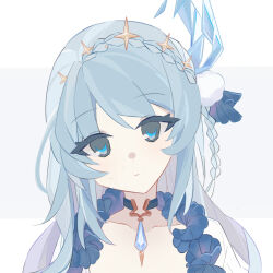 Rule 34 | 1girl, blue eyes, blue gemstone, blue hair, braid, choker, closed mouth, dot nose, expressionless, gem, grey shirt, hair ornament, head tilt, kagami masara, light blue hair, long hair, looking at viewer, luoyiyue39849, magia record: mahou shoujo madoka magica gaiden, magical girl, mahou shoujo madoka magica, pendant choker, pom pom (clothes), pom pom hair ornament, portrait, shirt, side braid, simple background, solo, sparkle hair ornament, straight-on, swept bangs, white background