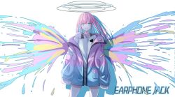 Rule 34 | 1girl, absurdres, angel, angel wings, bare legs, black undershirt, blue eyes, blue hair, blue halo, colored inner hair, commentary, copyright request, earbuds, earphones, english commentary, english text, halo, heart, highres, jacket, light blue hair, light blue jacket, long hair, looking at viewer, mnetyara, multicolored hair, multicolored wings, open clothes, open jacket, original, pink hair, pink jacket, shirt, single bare shoulder, sleeves past fingers, sleeves past wrists, smile, solo, standing, white shirt, wings