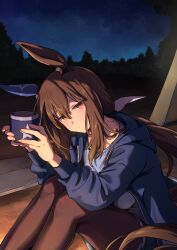 Rule 34 | 1girl, admire vega (umamusume), animal ears, blue jacket, blue shirt, blush, brown hair, brown pantyhose, camping, closed mouth, commentary request, cup, dot mouth, hair between eyes, highres, holding, holding cup, hood, hood down, hooded jacket, horse ears, horse girl, jacket, knees up, long hair, looking at viewer, low ponytail, night, night sky, open clothes, open jacket, outdoors, pantyhose, red eyes, shirt, sitting, sky, solo, star (symbol), star print, starheart, umamusume
