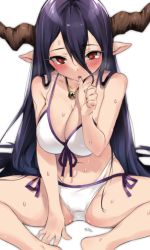 Rule 34 | 10s, 1girl, bad id, bad twitter id, bikini, breasts, danua, draph, finger in own mouth, front-tie bikini top, front-tie top, granblue fantasy, hair between eyes, large breasts, long hair, neo-masterpeacer, pointy ears, purple hair, red eyes, sitting, solo, swimsuit, wet