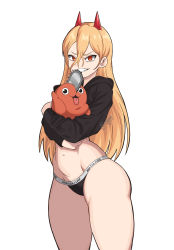 Rule 34 | 1girl, absurdres, artist name, black panties, blonde hair, breasts, carrying, chainsaw, chainsaw man, cross-shaped pupils, demon girl, demon horns, devil girl, demon horns, dog, highres, hood, hoodie, horns, large breasts, long hair, long sleeves, looking at viewer, mg991998, navel, no pants, orange eyes, panties, pochita (chainsaw man), power (chainsaw man), sharp teeth, simple background, smile, solo, stomach, symbol-shaped pupils, teeth, thick thighs, thighs, underwear, white background