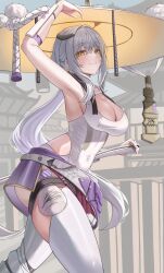 Rule 34 | 1girl, absurdres, akamin435, armor, blush, bodysuit, bottle, breasts, cleavage, clothing cutout, covered navel, goddess of victory: nikke, grey hair, hand on headwear, hat, highres, hip armor, japanese armor, jingasa, kote, large breasts, large hat, leg armor, leotard, long hair, looking at viewer, scarlet (nikke), shoulder armor, smile, sode, solo, sword, weapon, white bodysuit, white leotard, yellow eyes
