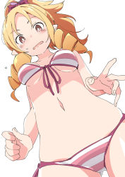 Rule 34 | 1girl, bikini, blonde hair, bow, breasts, brown eyes, drill hair, eromanga sensei, from below, front-tie bikini top, front-tie top, hair bow, ixy, looking at viewer, medium breasts, navel, open mouth, pointy ears, short hair, side-tie bikini bottom, simple background, solo, striped bikini, striped clothes, swimsuit, twin drills, white background, yamada elf