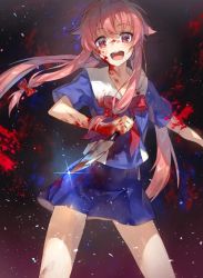 Rule 34 | 1girl, :d, bad id, bad twitter id, blood, blood on face, blood splatter, blood on clothes, blue skirt, bow, chocoan, gasai yuno, hair bow, knife, long hair, looking at viewer, mirai nikki, open mouth, pink eyes, pink hair, red bow, school uniform, skirt, skirt set, smile, solo, twintails, yandere