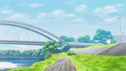 Rule 34 | annin (anninnanninn), blue sky, bridge, building, bush, cloud, commentary request, grass, highres, lamppost, no humans, original, outdoors, river, scenery, sky, stairs, tree, water