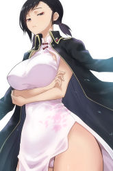 Rule 34 | 1girl, absurdres, arms under breasts, black hair, black jacket, blue eyes, blush, breasts, cameltoe, china dress, chinese clothes, devil survivor 2, dress, grey eyes, highres, jacket, jacket on shoulders, kanno fumi, kurosususu, large breasts, looking at viewer, devil survivor, panties, pantyshot, pink dress, pink panties, short hair, short twintails, simple background, solo, twintails, underwear, white background