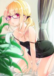 Rule 34 | 1girl, amane lily, azuma sawayoshi, bedroom, between legs, black camisole, black scrunchie, blonde hair, breasts, camisole, collarbone, curtains, glasses, hair ornament, hair scrunchie, hand between legs, highres, indoors, kneeling, leaf, light particles, long hair, looking at viewer, official art, on bed, oroka na tenshi wa akuma to odoru, parted lips, purple-framed eyewear, red eyes, scrunchie, small breasts, solo, strap slip, window
