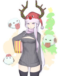 Rule 34 | 1girl, absurdres, animal hat, antlers, black thighhighs, box, breasts, christmas, cleavage, cowboy shot, dress, earmuffs, gift, gift box, hat, highres, horns, kumiko shiba, league of legends, long hair, medium breasts, meme attire, open-chest sweater, poro (league of legends), purple eyes, red nose, reindeer antlers, ribbed sweater, santa hat, scarf, silver hair, solo, standing, sweater, sweater dress, syndra, thighhighs, zettai ryouiki