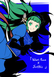 Rule 34 | 1girl, absurdres, black gloves, blue background, blue dress, blue hairband, blunt bangs, border, butterfly hair ornament, closed mouth, cosplay, dress, elbow gloves, fire emblem, fire emblem: three houses, floating hair, gloves, green eyes, green hair, hair ornament, hairband, highres, holding, lavenza (persona 5), lavenza (persona 5) (cosplay), looking at viewer, loooooneutral, nintendo, pointy ears, smile, solo, sothis (fire emblem), white border