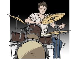 Rule 34 | 1boy, andrew neiman, blue pants, brown hair, closed eyes, cymbals, drum, drum set, drumsticks, ggooww7, highres, instrument, male focus, pants, parted lips, shirt, short sleeves, sitting, snare drum, solo, sweat, whiplash (2014 movie), white shirt