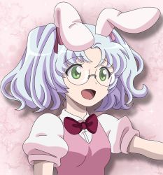 Rule 34 | 1girl, animal ears, bow, rabbit ears, dress, glasses, green eyes, happy, highres, long hair, looking at another, open mouth, pastel colors, pink dress, rabbit girl, remyfive, ribbon, smile, solo, white hair