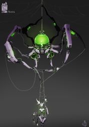 Rule 34 | absurdres, bug, cheong sosae, glowing, glowing eye, grey background, highres, looking at viewer, mecha, no humans, one-eyed, open hand, original, robot, spider, walking
