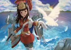 Rule 34 | 1girl, aiguillette, bird, black pantyhose, blue sky, boots, breasts, brown hair, cannon, cape, clarinet, cloud, cloudy sky, cowboy shot, day, epaulettes, feathers, gloves, hat, holding, holding instrument, instrument, jacket, long hair, looking at viewer, machinery, medal, medium breasts, messy hair, military, military hat, military jacket, military uniform, ocean, open mouth, outdoors, pantyhose, red eyes, red skirt, royal oak (warship girls r), sash, skirt, sky, solo, thigh boots, thighhighs, turret, uniform, warship girls r, water, waves, white cape, white footwear, white gloves, white sash, yesheng yaomeng