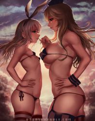 Rule 34 | 10s, 2girls, alternate costume, ass, backlighting, bare shoulders, bikini, black bikini, black bow, blonde hair, blue eyes, bow, breast conscious, breasts, closed mouth, cloud, covered erect nipples, cowboy shot, eyebrows, eyelashes, face-to-face, from side, green eyes, hairband, hand on own hip, headgear, height difference, highres, holding, holding own hair, horizontal-striped legwear, iowa (kancolle), kantai collection, large breasts, light smile, lips, long hair, looking at another, micro bikini, multiple girls, navel, otto, outdoors, parted lips, profile, shimakaze (kancolle), side-tie bikini bottom, silver hair, skindentation, sky, small breasts, star (symbol), star print, stomach, strap gap, strapless, strapless bikini, striped bikini, striped clothes, striped thighhighs, swimsuit, thighhighs, underboob, vertical-striped clothes, vertical-striped thighhighs, watermark, web address, wrist cuffs
