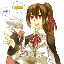 Rule 34 | 1boy, 1girl, arc system works, blazblue, blazblue phase 0, bloodedge, brown hair, celica a. mercury, fujino sato, green eyes, heterochromia, long hair, lowres, open mouth, pointing, ponytail, ragna the bloodedge, randall09, red eyes, red ribbon, ribbon, short hair, spoilers, white hair
