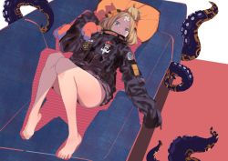 Rule 34 | 1girl, abigail williams (fate), abigail williams (traveling outfit) (fate), bandaid, bandaid on face, bandaid on forehead, bare legs, barefoot, black bow, black jacket, bow, couch, fate/grand order, fate (series), feet, hair bun, heroic spirit traveling outfit, jacket, kanasebench, lying, official alternate costume, on back, parted bangs, single hair bun, skirt, sleeves past wrists, stuffed animal, stuffed toy, teddy bear, tentacles