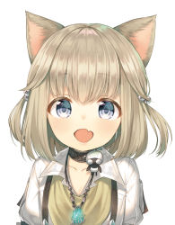 Rule 34 | 10s, 1girl, :d, animal ears, bell, blonde hair, blue eyes, cat ears, child, choker, collarbone, fang, final fantasy, final fantasy xiv, hair bell, hair ornament, khloe aliapoh, looking at viewer, midorikawa you, miqo&#039;te, open mouth, short hair, simple background, smile, solo, tareme, two side up, white background