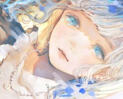 Rule 34 | 1girl, blue eyes, close-up, commentary request, crescent, crescent necklace, crying, crying with eyes open, expressionless, highres, jewelry, looking at viewer, necklace, orie h, original, solo, tears, white hair