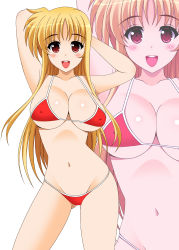 Rule 34 | 1girl, arm behind head, bikini, blonde hair, breasts, commentary request, cowboy shot, fate testarossa, groin, highres, large breasts, long hair, looking at viewer, lyrical nanoha, mahou shoujo lyrical nanoha strikers, navel, oda ken&#039;ichi, open mouth, red bikini, red eyes, round teeth, smile, solo, swimsuit, teeth, upper teeth only, zoom layer