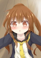Rule 34 | 1girl, :o, black jacket, blush, brown eyes, brown hair, collarbone, commentary request, crescent, crescent pin, fumizuki (kancolle), fumizuki kai ni (kancolle), hair between eyes, high ponytail, highres, indoors, jacket, kantai collection, long hair, looking at viewer, necktie, open clothes, open jacket, outstretched arms, parted lips, ponytail, ridy (ri sui), school uniform, serafuku, shirt, solo, white shirt, wooden floor, yellow necktie