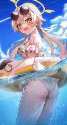 Rule 34 | 1girl, @ @, absurdres, ass, bare shoulders, bikini, blonde hair, blue archive, blue sky, blush, cloud, commentary, embarrassed, english commentary, eyewear on head, frilled bikini, frills, halo, hifumi (blue archive), hifumi (swimsuit) (blue archive), highres, innertube, li se, looking at viewer, low twintails, ocean, open mouth, partially submerged, partially underwater shot, peroro (blue archive), round eyewear, sky, solo, swim ring, swimsuit, twintails, underwater, wet, white bikini