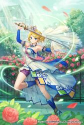 Rule 34 | 1girl, arm warmers, aura, blonde hair, blue eyes, blue footwear, bob cut, boots, building, bush, copyright notice, crown, day, dress, falling petals, fence, flower, fringe trim, full body, hand up, high-low skirt, high heel boots, high heels, highres, holding, holding sword, holding weapon, jewelry, light smile, looking at viewer, multicolored clothes, multicolored dress, necklace, official art, outdoors, outstretched arm, pavement, petals, pink flower, pink rose, purple shorts, romancing saga re;universe, rose, rose bush, sash, short hair, shorts, shorts under dress, shoulder sash, solo, standing, standing on one leg, strapless, strapless dress, swept bangs, sword, taranboman, tilted headwear, tree, two-tone footwear, veil, weapon, white dress, white footwear, white veil
